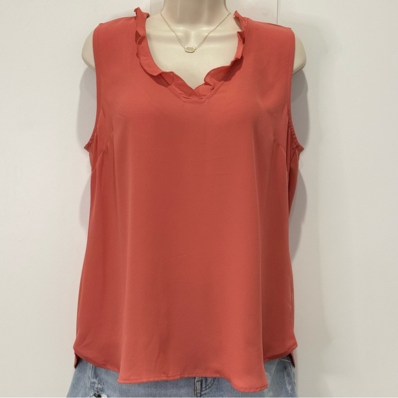 Ann Taylor Coral Ruffle V-Neck Blouse Small Sleeveless Summer Chic Workwear New - Picture 2 of 9